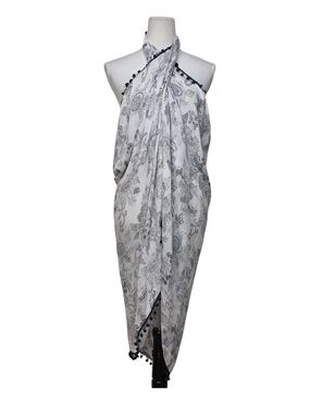 3/$15🔴 Sale White & Black Floral Beach Sarong with Pom Trim
